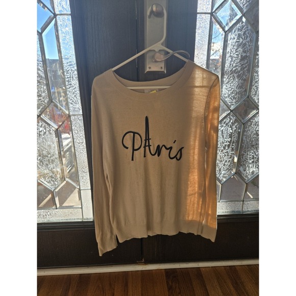 LOFT Paris Graphic Sweater Ivory Knit French Girl Chic Pullover Size L - Picture 3 of 6